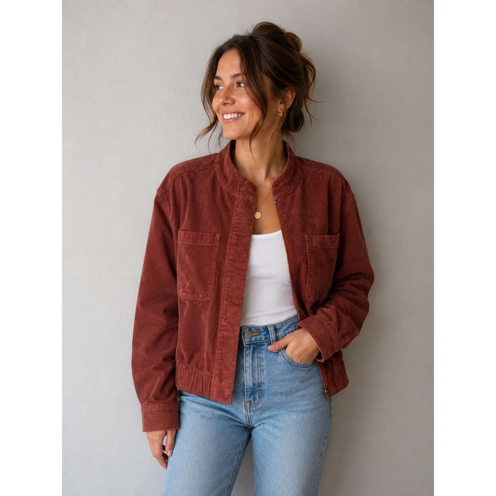 Pact Organic Cotton Corduroy Bomber Jacket Rust Brown Mock Neck Women Large